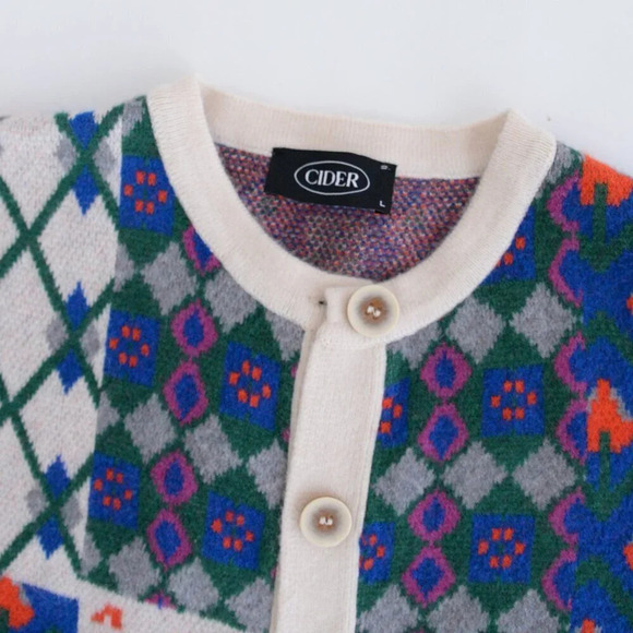 Cider Cream &  Blue Floral Argyle Knit Button Up Sweater L - Picture 11 of 12